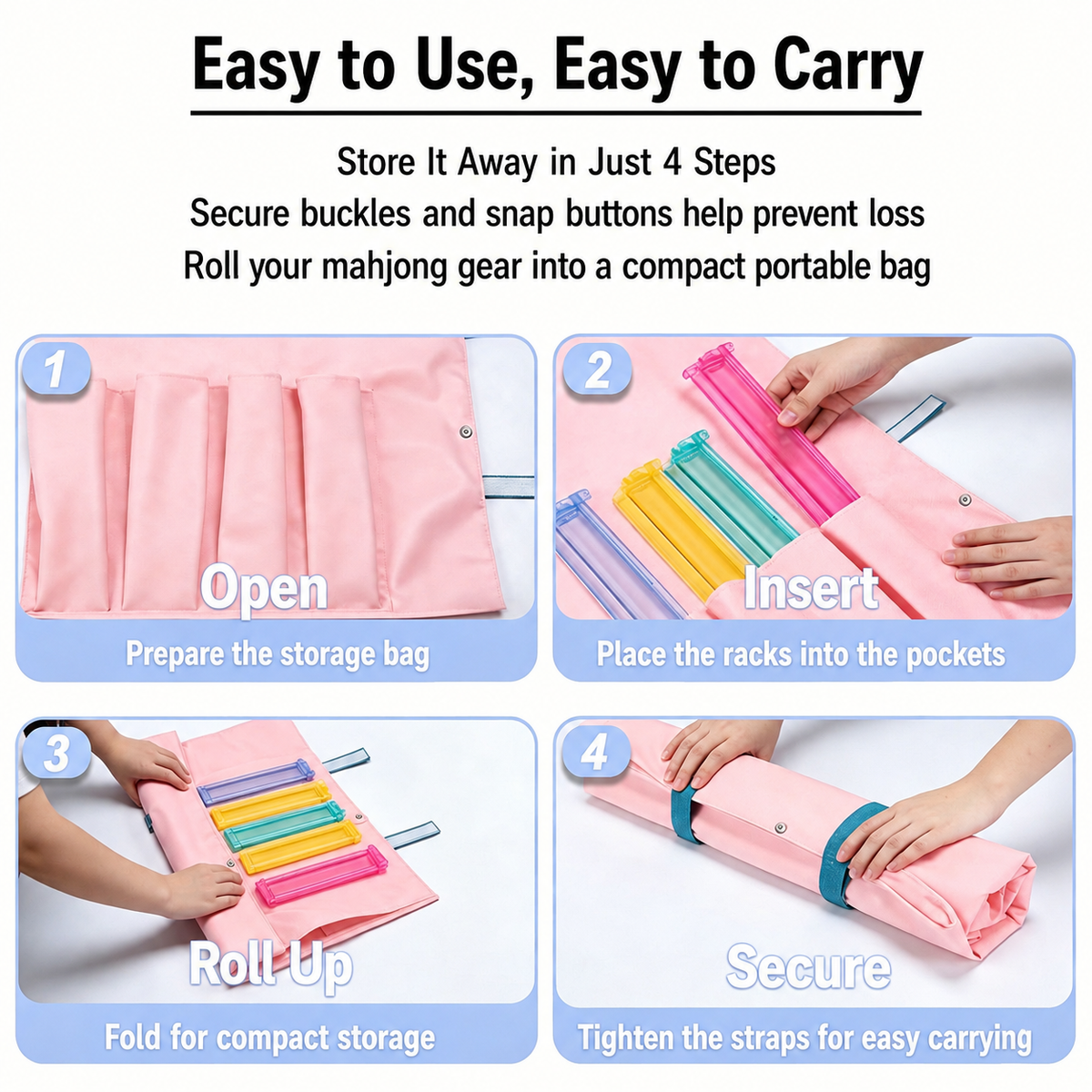 Mahjong Rack Storage & Carry Bag – Holds 4 Racks, Roll-Up Organizer, Pink or Blue