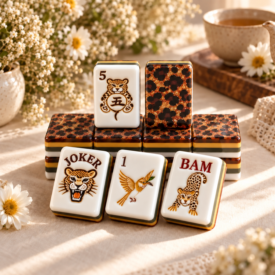 Mahjong Set, Mahjong Tiles, American with Brown Leopard Print Resin Tiles, Vintage Style Game for Club Play, Birthday, For Mahjong Club Play