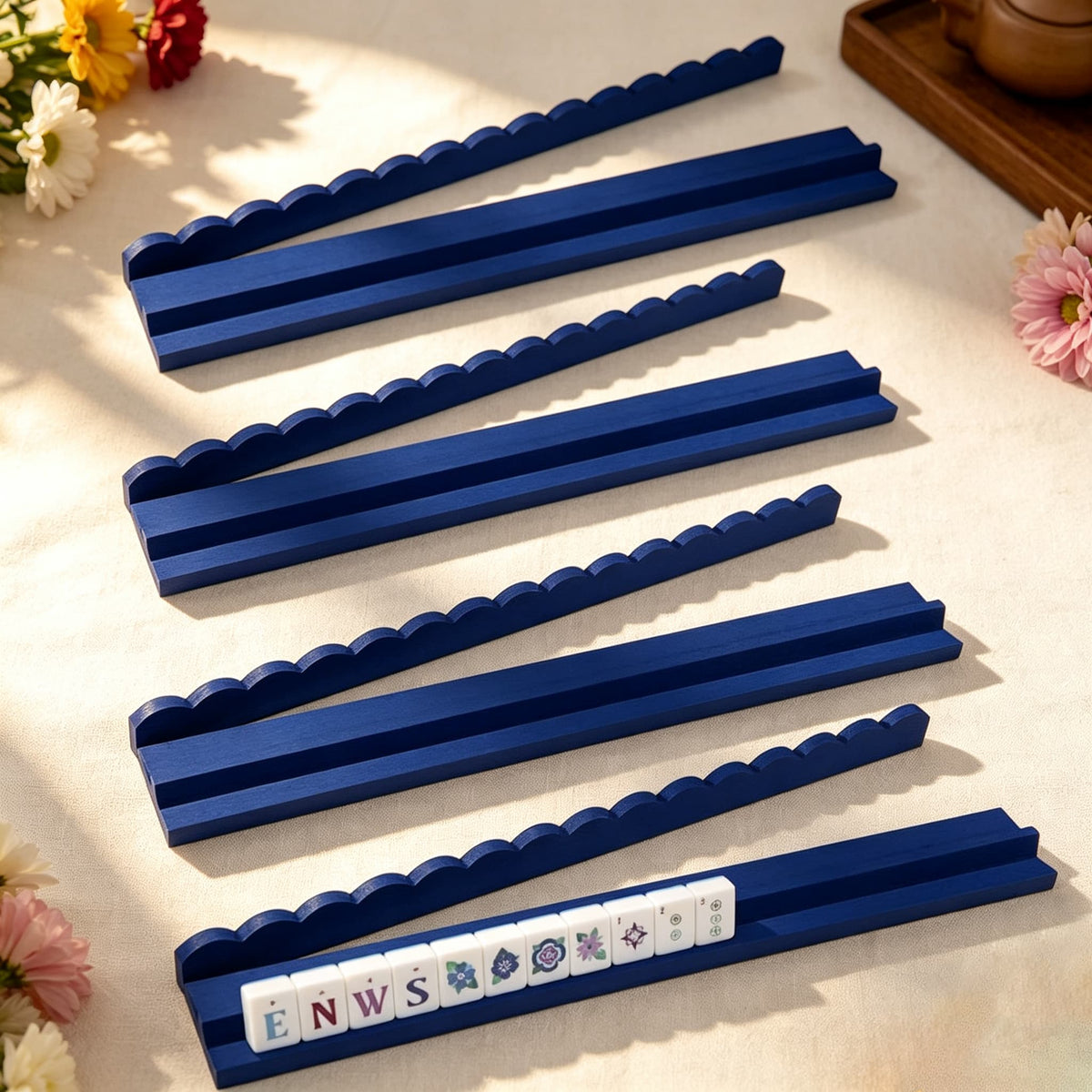 Mahjong Rack Set with Magnetic Pusher, Mahjong Pusher Set, Wooden Shell-Shaped Tile Organizer for American Mahjong Game Night