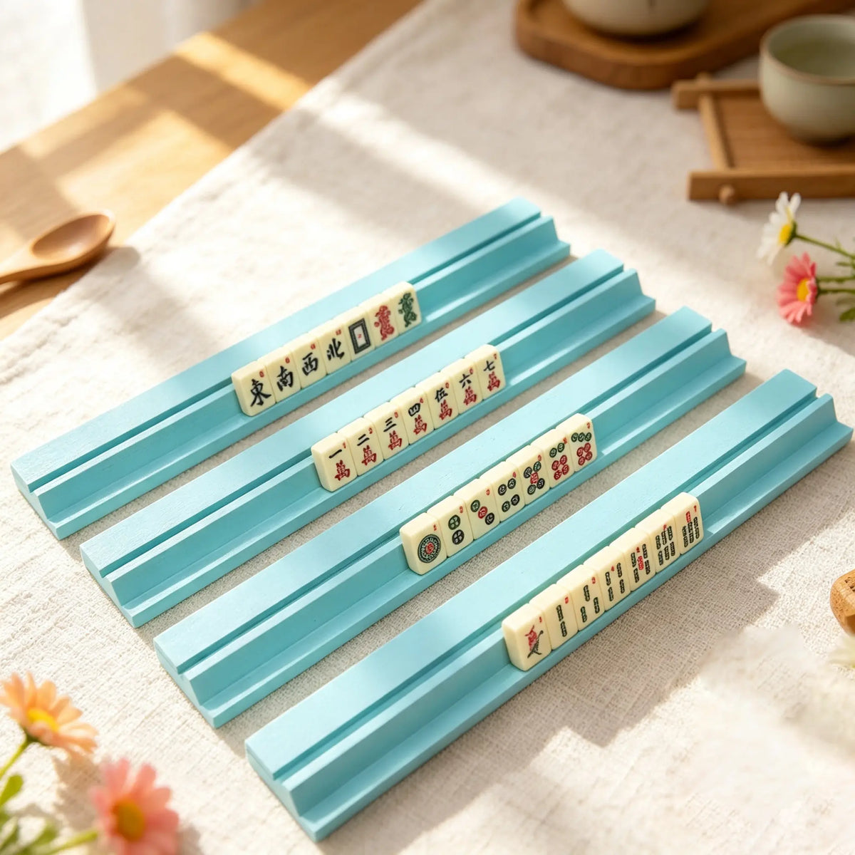 Mahjong Rack Set with Wooden Pushers, Colorful Tile Organizer for Mahjong Game Night, Christmas Gift for Mom