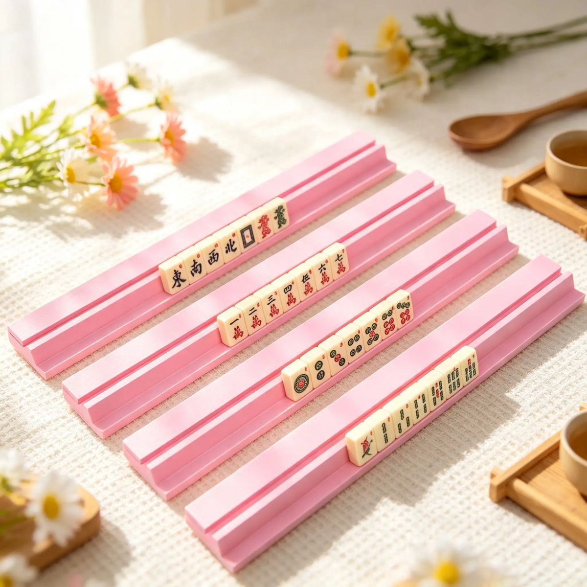 Mahjong Rack Set with Wooden Pushers, Colorful Tile Organizer for Mahjong Game Night, Christmas Gift for Mom