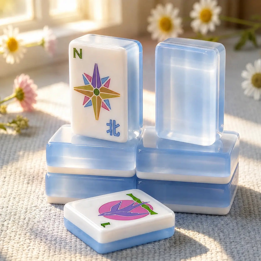Mahjong Game Set Modern Mahjong Set, Mahjong Set, Light Blue Acrylic Tile Game with Floral Ladybug Design, Modern Home Mahjong Game and Gift