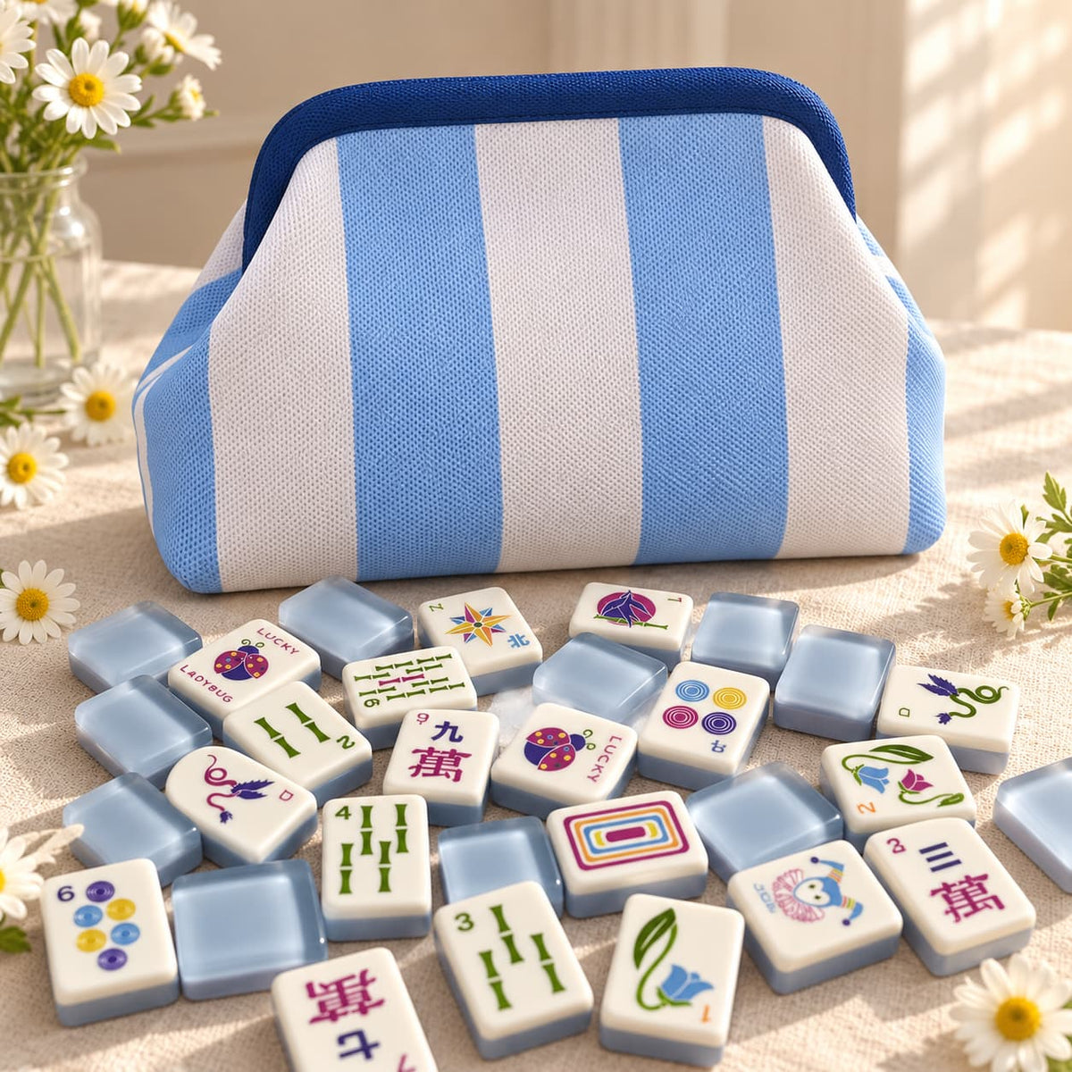 Mahjong Game Set Modern Mahjong Set, Mahjong Set, Light Blue Acrylic Tile Game with Floral Ladybug Design, Modern Home Mahjong Game and Gift