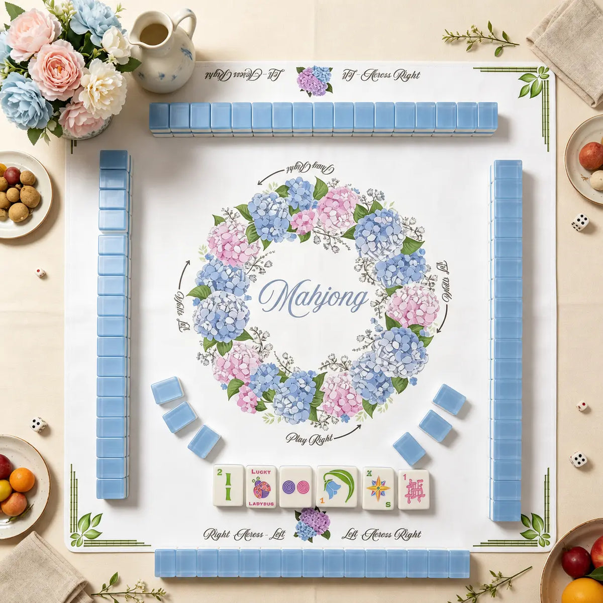 Mahjong Game Set Modern Mahjong Set, Mahjong Set, Light Blue Acrylic Tile Game with Floral Ladybug Design, Modern Home Mahjong Game and Gift