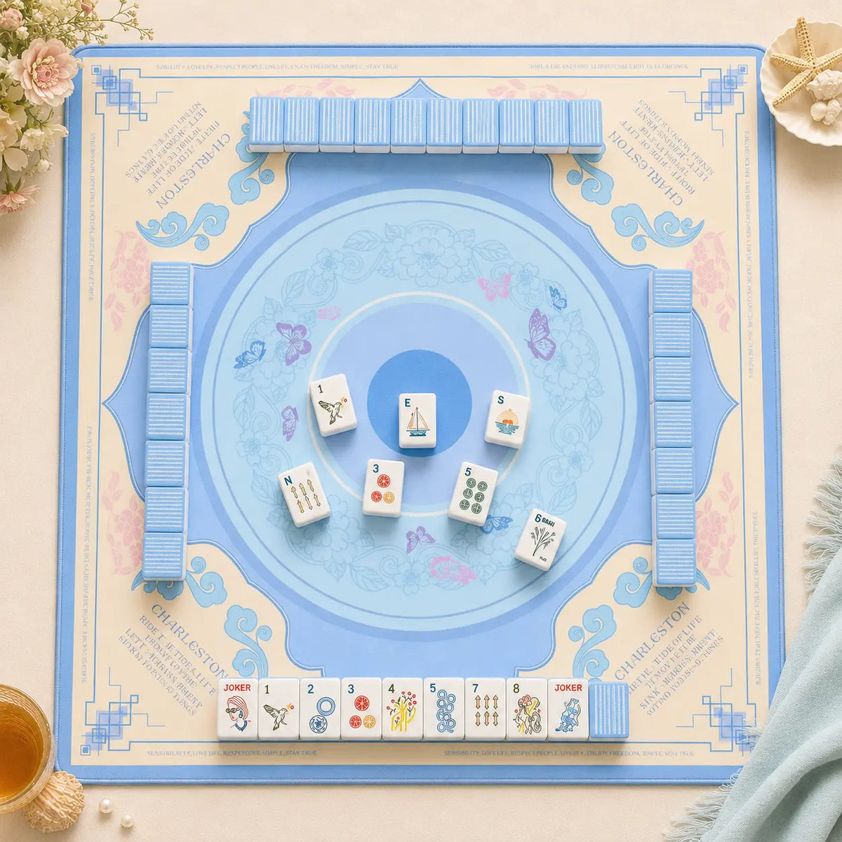 Mahjong Set, Blue White Striped Acrylic American Mahjong Tiles, Home Game, Birthday and Christmas Gift for Mom, For Home Mahjong Game