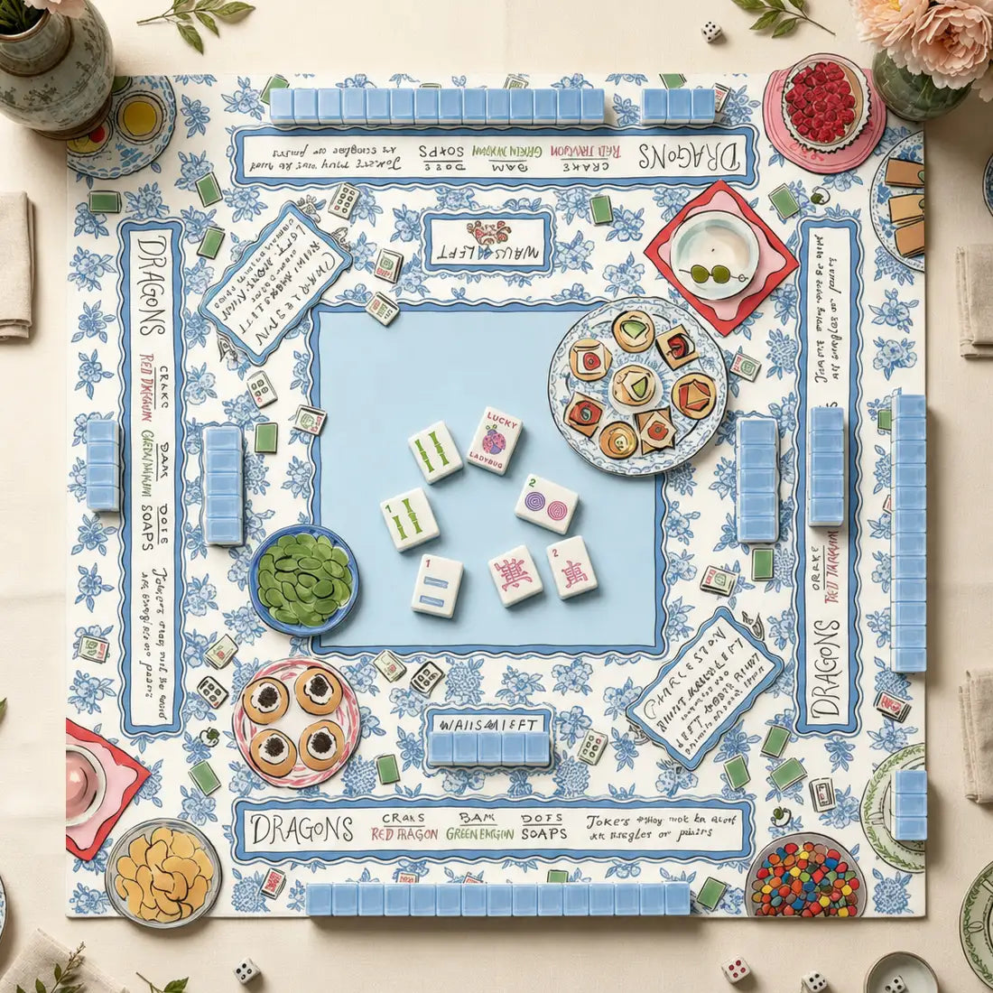 Mahjong Game Set Modern Mahjong Set, Mahjong Set, Light Blue Acrylic Tile Game with Floral Ladybug Design, Modern Home Mahjong Game and Gift