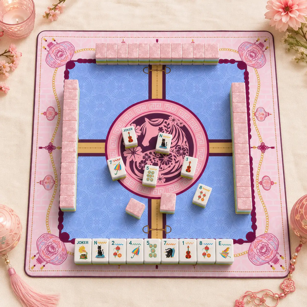 Mahjong Set, Pink Cat Illustration Tile Set for Game Night, Mahjong Gift for Women, Birthday and Christmas, Hanukkah Mahjong Gift