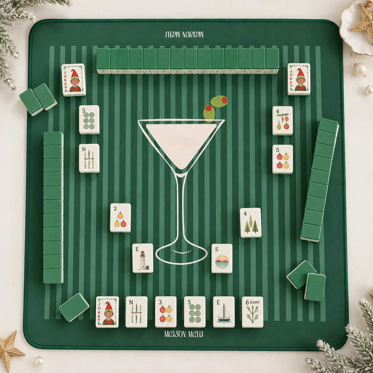 Mahjong Set, 4-Layer Hand-Painted Acrylic American Mahjong Tiles, White Christmas Design, Birthday Gift for Mom, Mahjong Gift For Wife