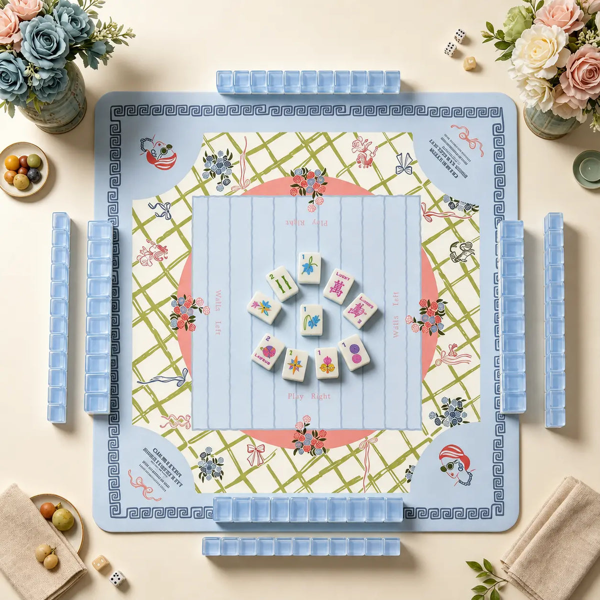 Mahjong Game Set Modern Mahjong Set, Mahjong Set, Light Blue Acrylic Tile Game with Floral Ladybug Design, Modern Home Mahjong Game and Gift