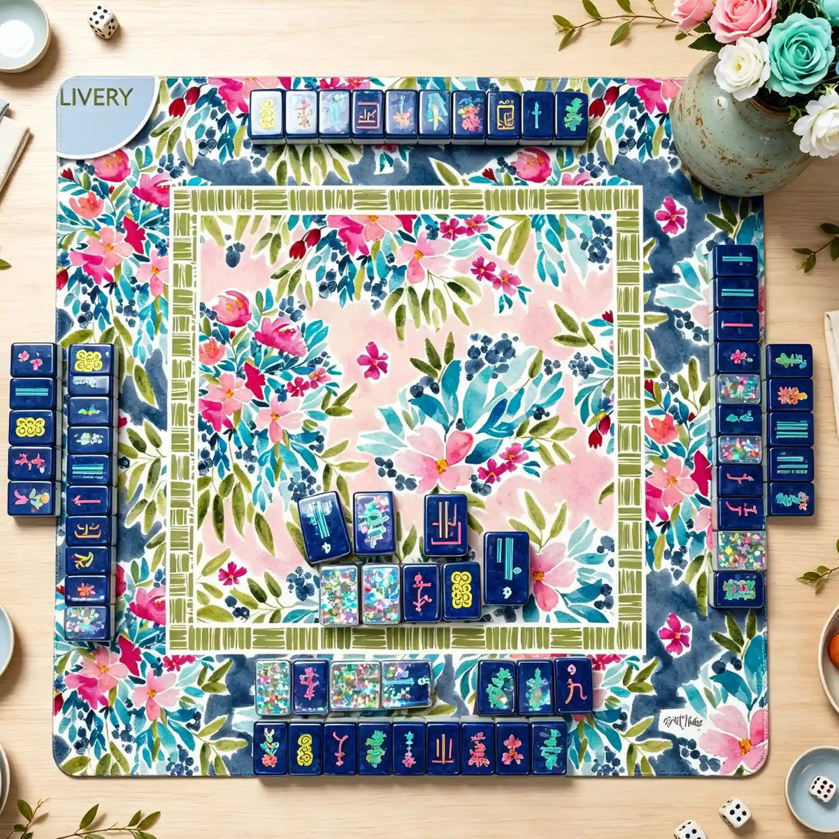 Mahjong Set, Travel & Standard Size, Artistic Blue Confetti Mahjong Tile Set for Home Game Night, Travel Game, Birthday or Christmas Gift
