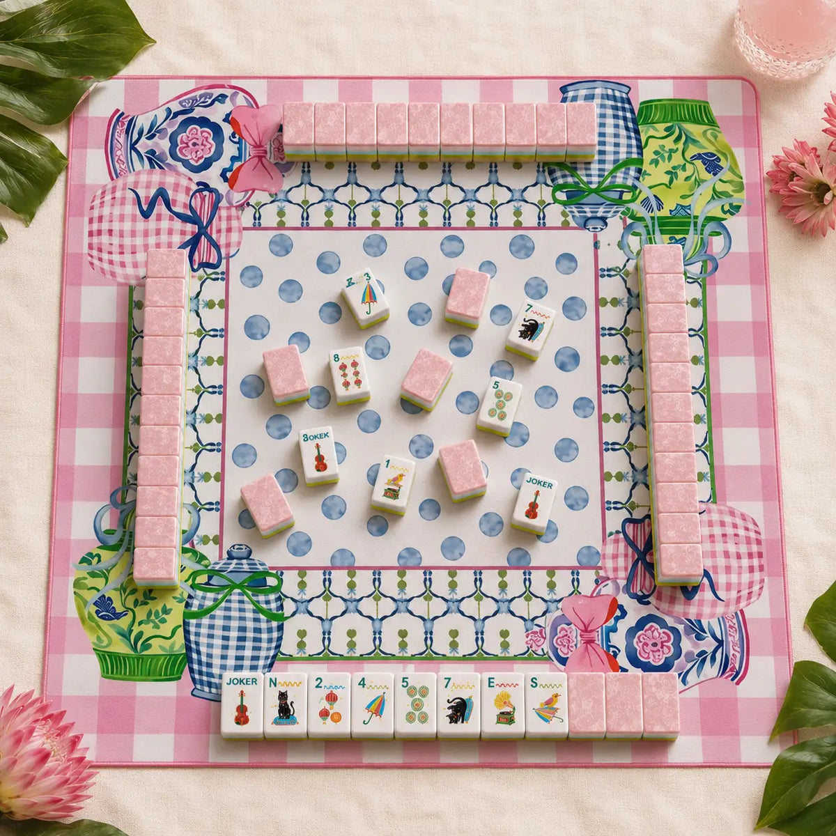 Mahjong Set, Pink Cat Illustration Tile Set for Game Night, Mahjong Gift for Women, Birthday and Christmas, Hanukkah Mahjong Gift