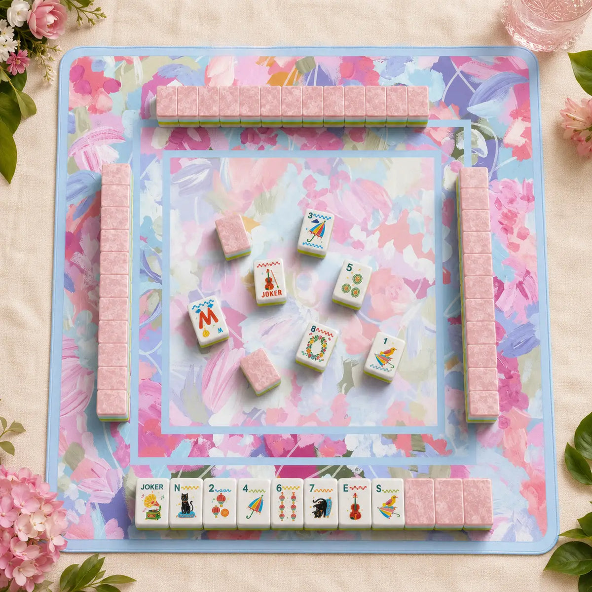 Mahjong Set, Pink Cat Illustration Tile Set for Game Night, Mahjong Gift for Women, Birthday and Christmas, Hanukkah Mahjong Gift