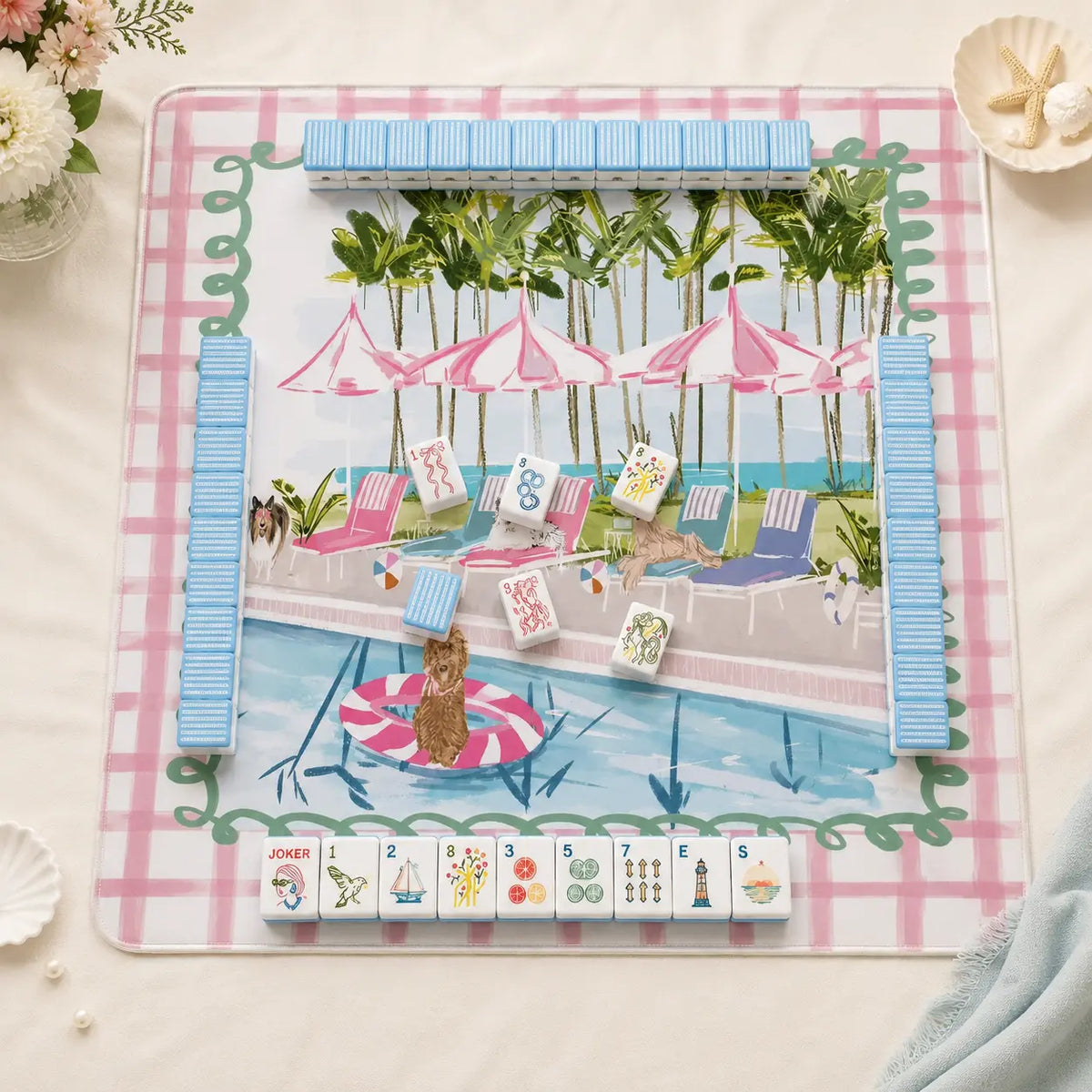 Mahjong Set, Blue White Striped Acrylic American Mahjong Tiles, Home Game, Birthday and Christmas Gift for Mom, For Home Mahjong Game