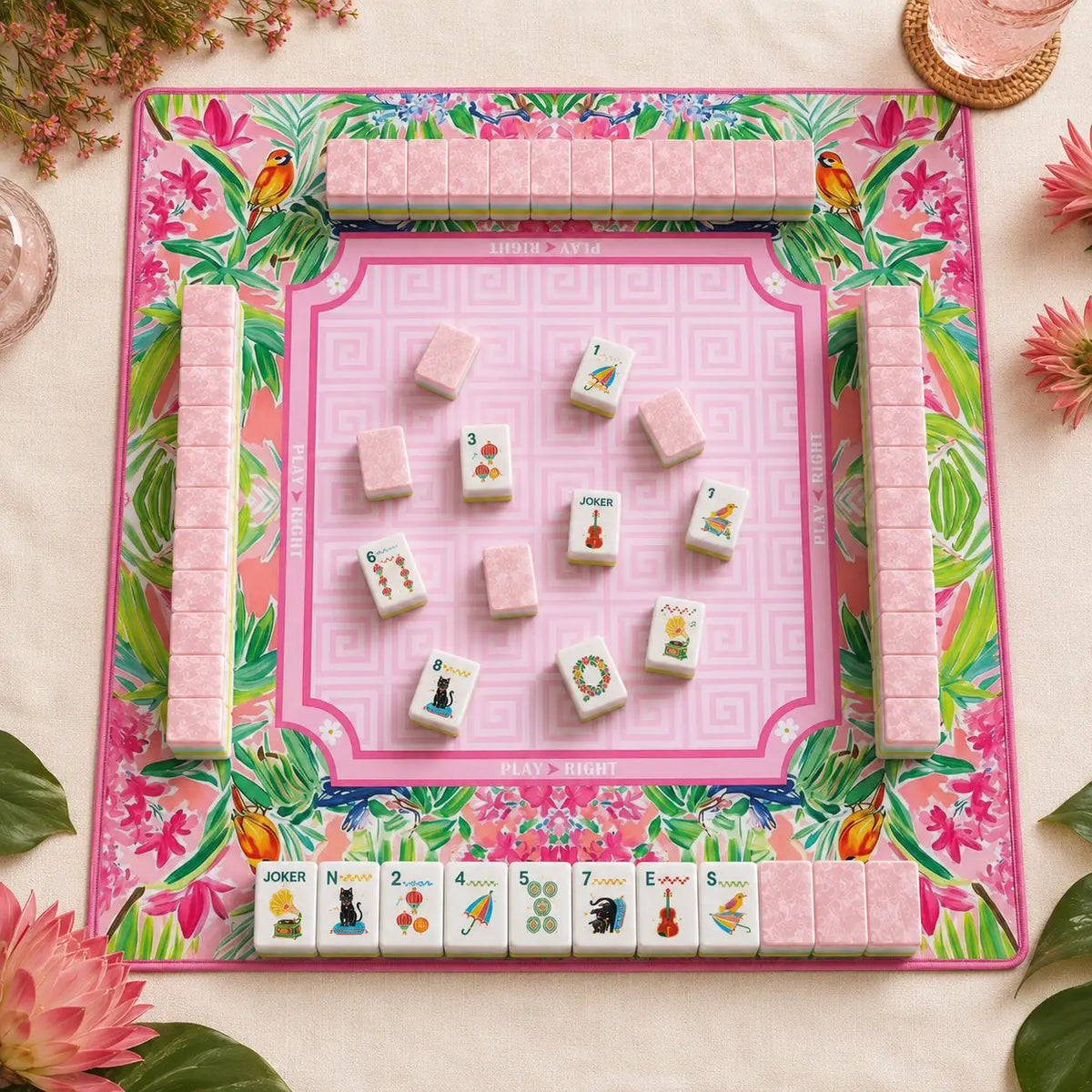 Mahjong Set, Pink Cat Illustration Tile Set for Game Night, Mahjong Gift for Women, Birthday and Christmas, Hanukkah Mahjong Gift