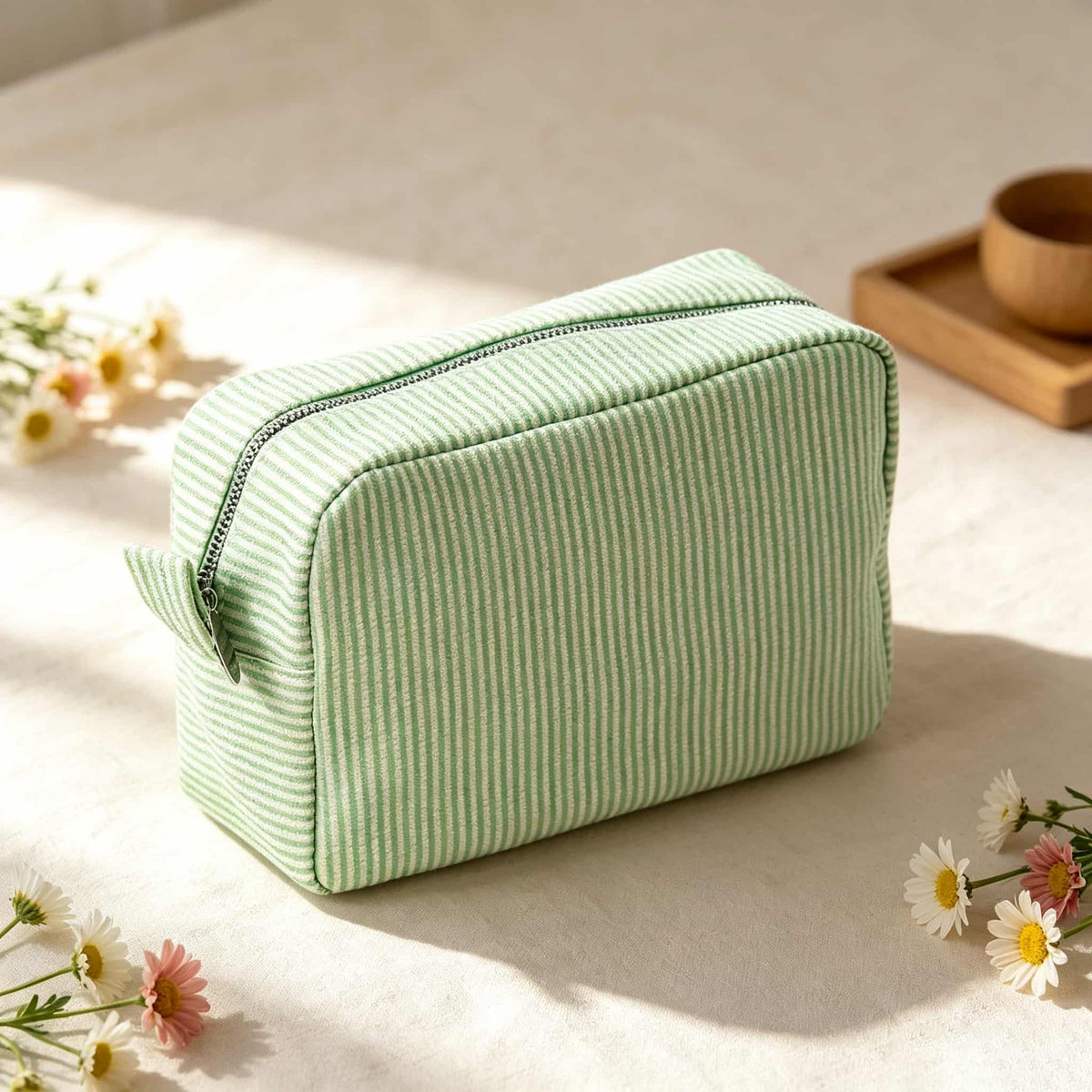 Mahjong Bag, Embroidered Light Green Striped Fabric Tile Pouch for Travel and Game Night, Birthday or Christmas Gift for Mahjong Player
