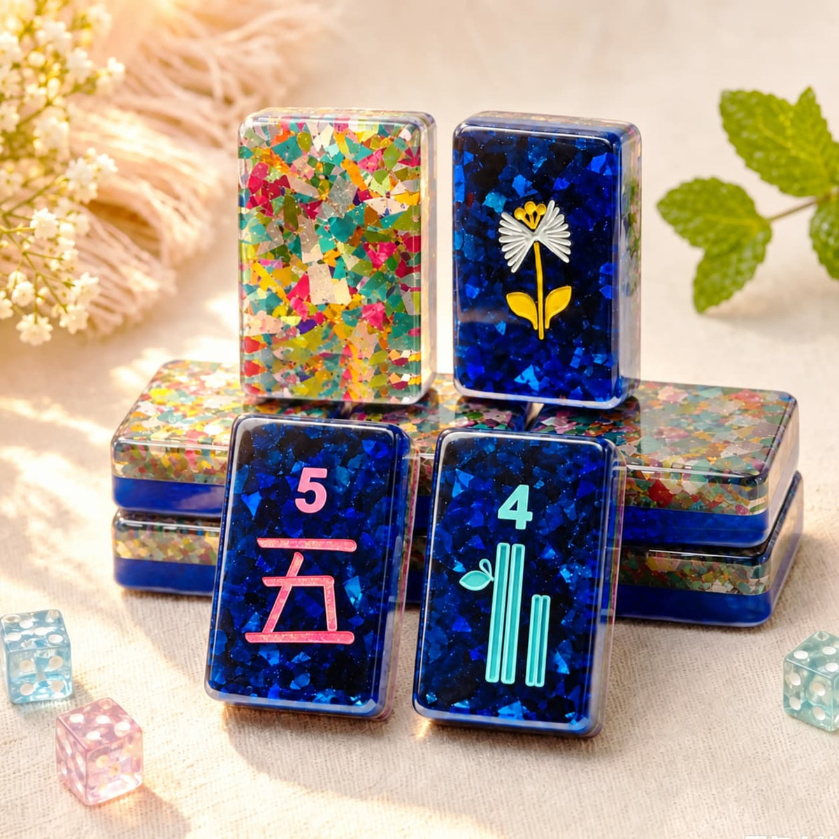 Mahjong Set, Travel & Standard Size, Artistic Blue Confetti Mahjong Tile Set for Home Game Night, Travel Game, Birthday or Christmas Gift