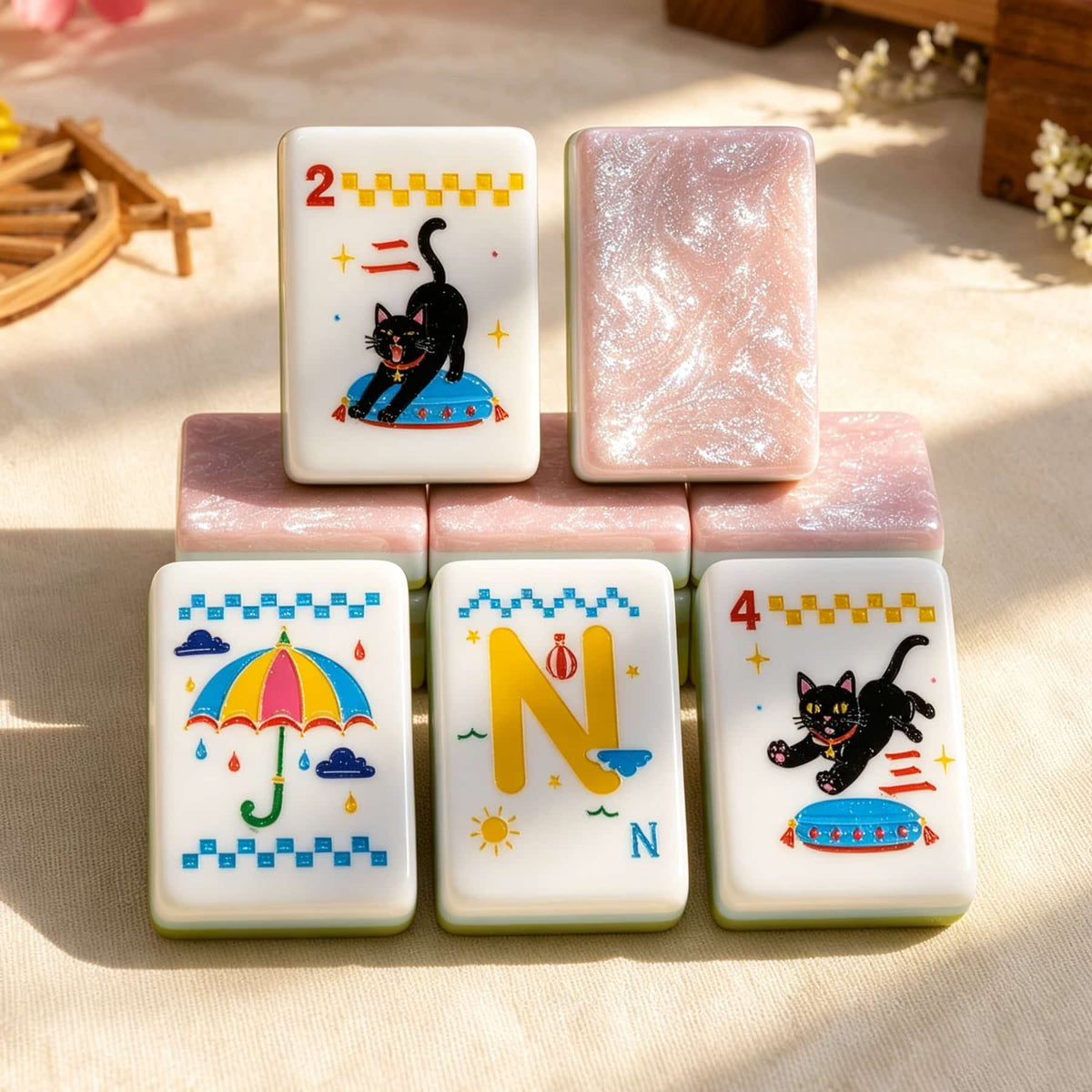 Mahjong Set, Pink Cat Illustration Tile Set for Game Night, Mahjong Gift for Women, Birthday and Christmas, Hanukkah Mahjong Gift