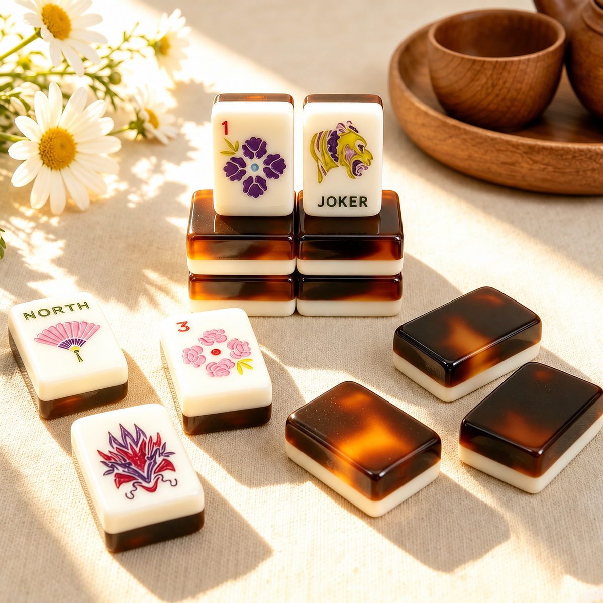Double-layer Mahjong tiles with cream faces and brown tortoiseshell backs, showing purple flowers, a joker, fan and floral symbols.