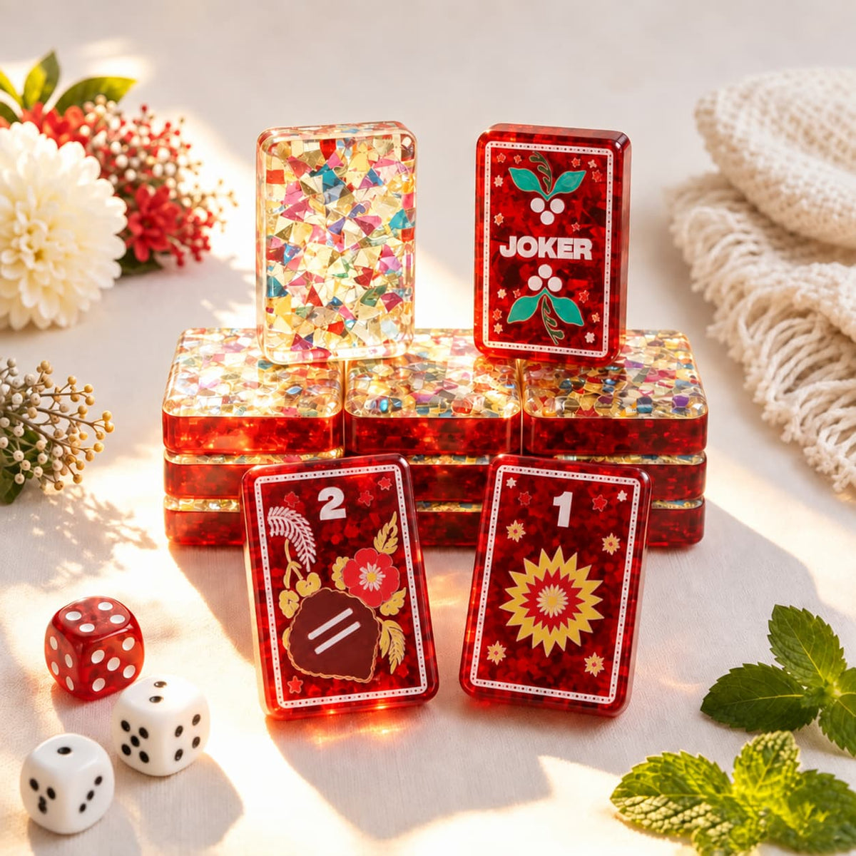Travel Mahjong Set, Colorful Red-Framed Plastic American Mahjong Tiles for Family Game Night, Birthday or Christmas Gift for