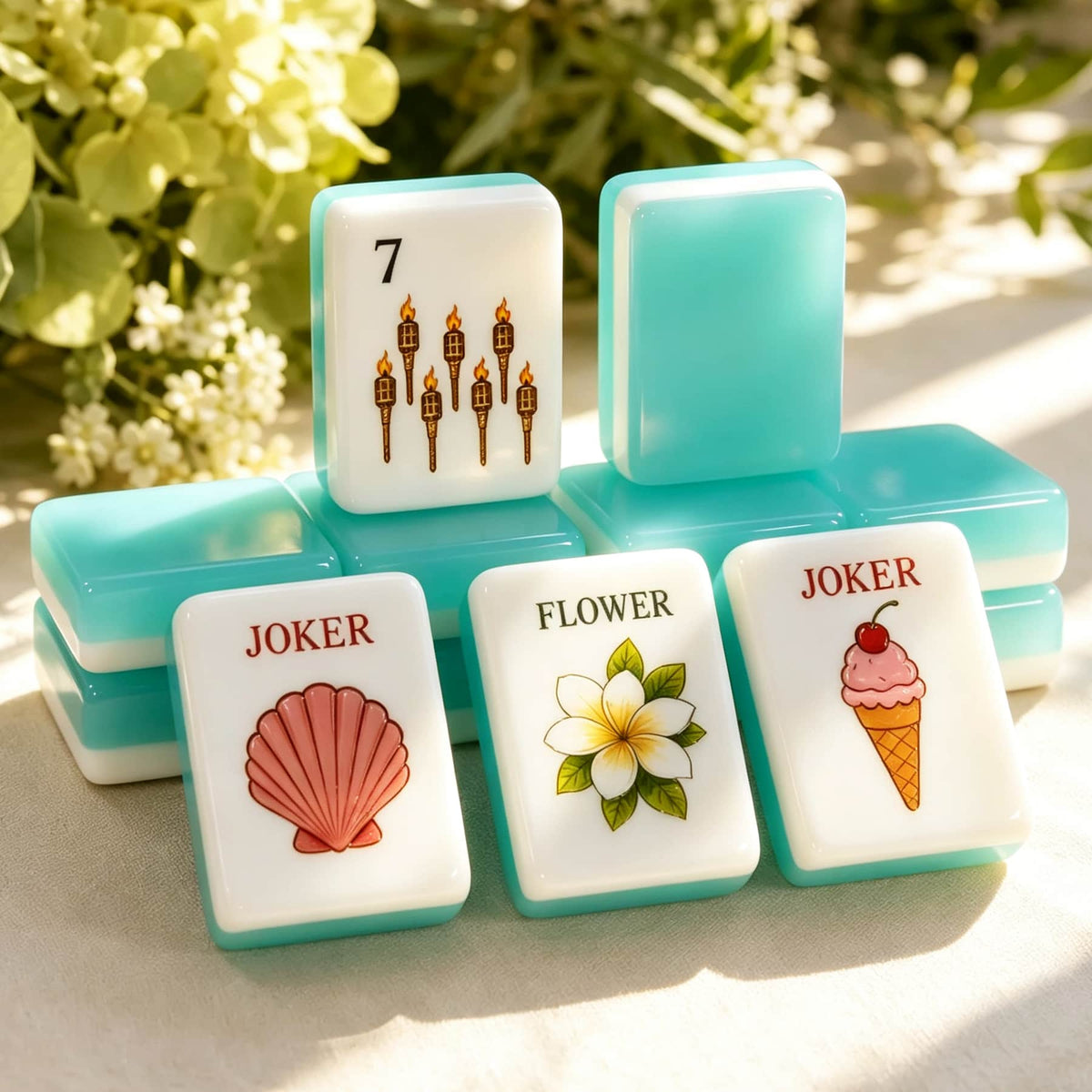 Mahjong Set, 4-Layer Turquoise Blue Acrylic American Mahjong Tiles, Beginner Home Game and Christmas Gift for Mom, Marine Themed Mahjong