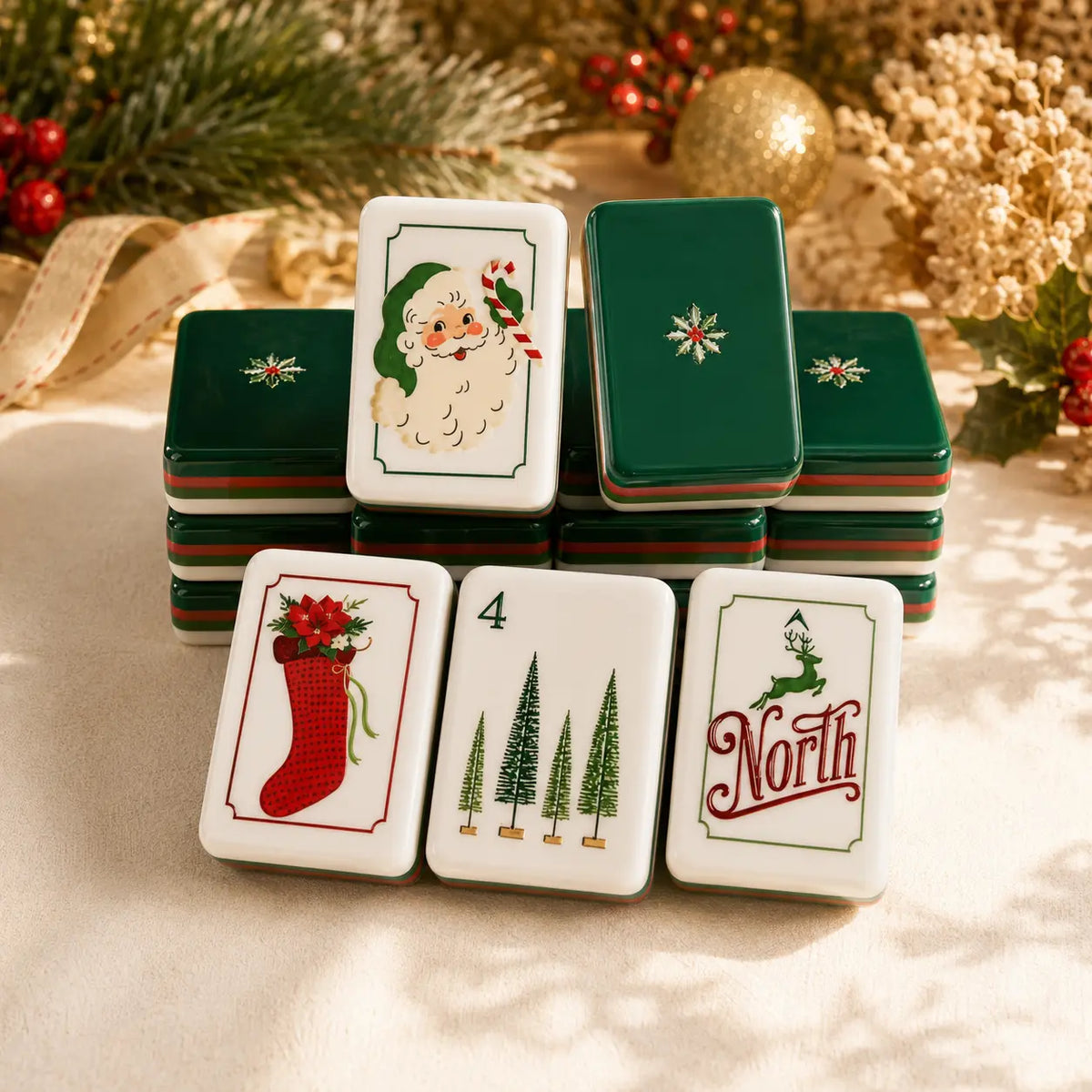 Mahjong Set, 4-Layer Hand-Painted Acrylic American Mahjong Tiles, White Christmas Design, Birthday Gift for Mom, Mahjong Gift For Wife