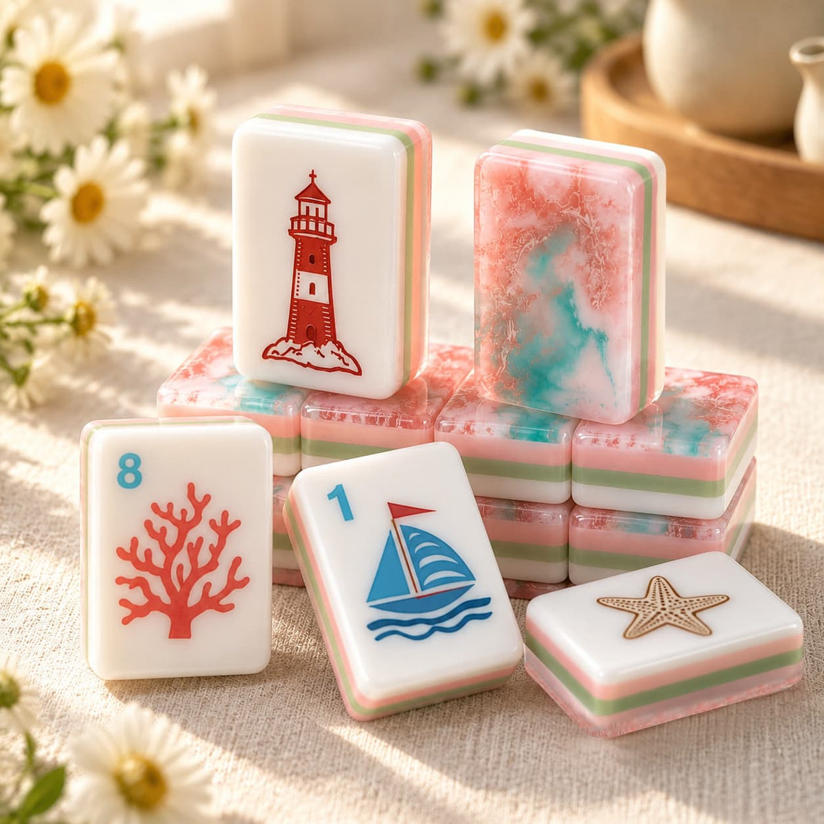 Mahjong Set, Acrylic Mahjong Tiles, Coastal American, Pink for Home Game Night, Birthday and Christmas Gift for Mom, Mahjong Gift For Wife