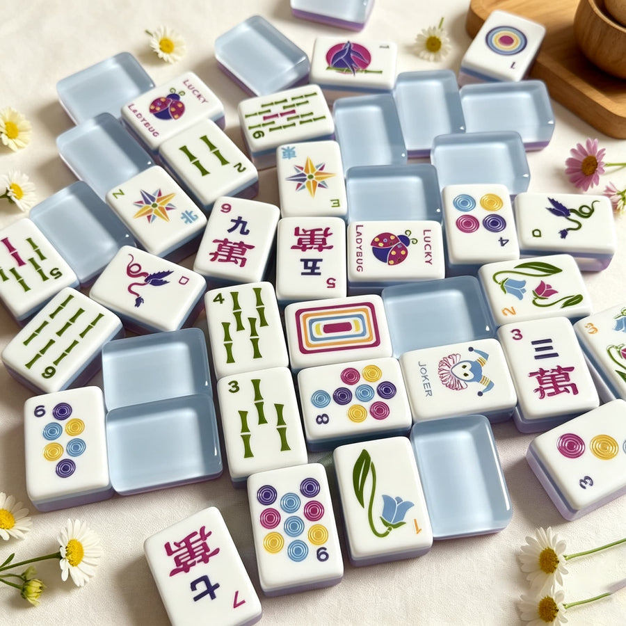 Mahjong Game Set Modern Mahjong Set, Mahjong Set, Light Blue Acrylic Tile Game with Floral Ladybug Design, Modern Home Mahjong Game and Gift