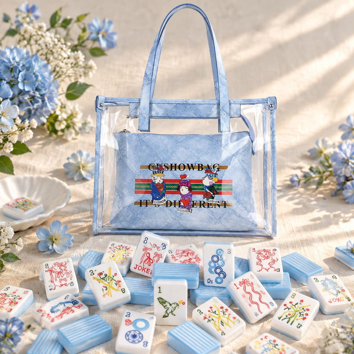 Mahjong Set, Blue White Striped Acrylic American Mahjong Tiles, Home Game, Birthday and Christmas Gift for Mom, For Home Mahjong Game