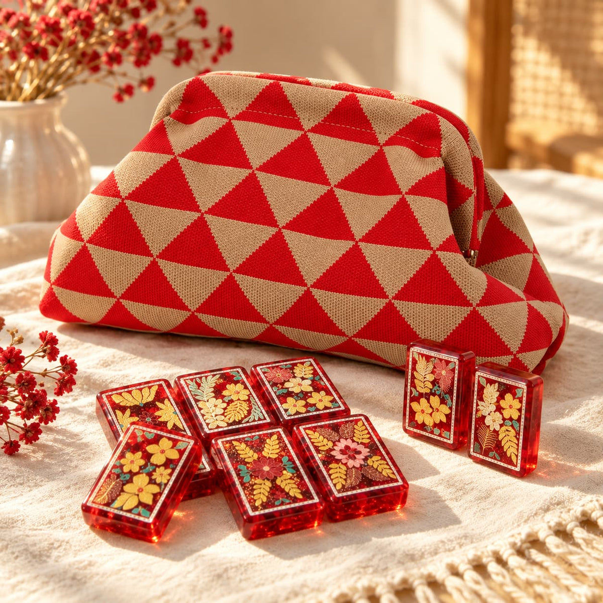 Travel Mahjong Set, Colorful Red-Framed Plastic American Mahjong Tiles for Family Game Night, Birthday or Christmas Gift for