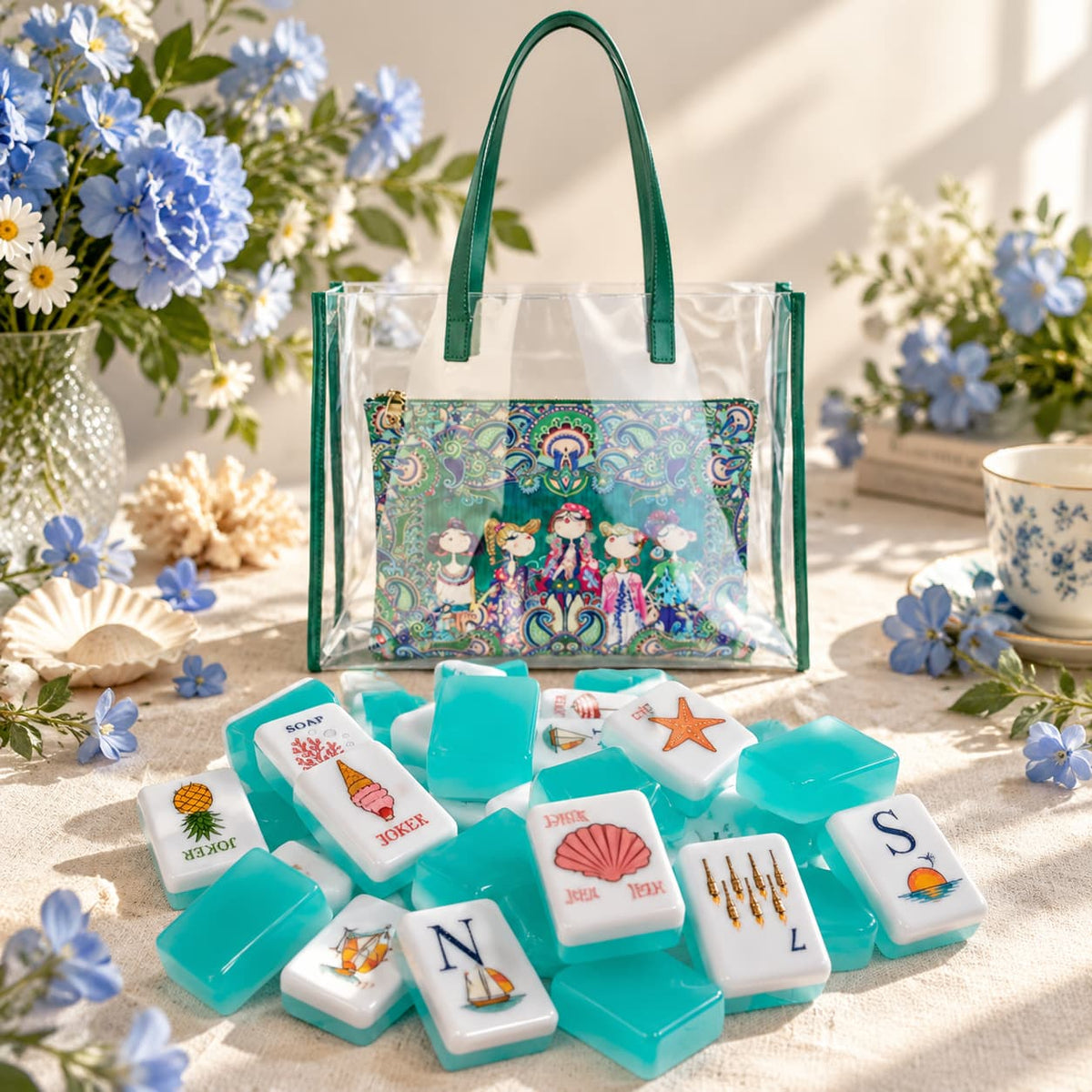 Mahjong Set, 4-Layer Turquoise Blue Acrylic American Mahjong Tiles, Beginner Home Game and Christmas Gift for Mom, Marine Themed Mahjong