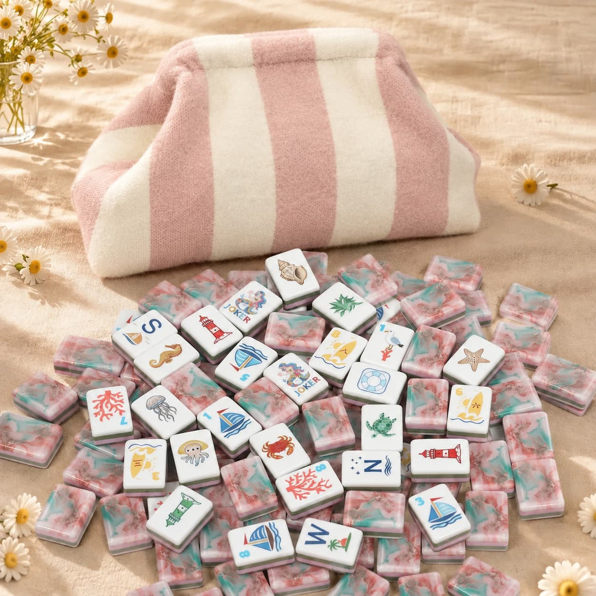 Mahjong Set, Acrylic Mahjong Tiles, Coastal American, Pink for Home Game Night, Birthday and Christmas Gift for Mom, Mahjong Gift For Wife