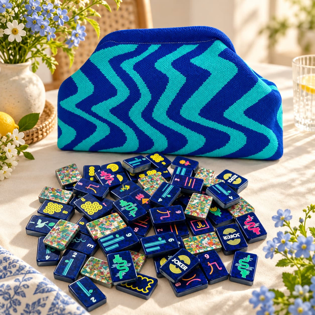 Mahjong Set, Travel & Standard Size, Artistic Blue Confetti Mahjong Tile Set for Home Game Night, Travel Game, Birthday or Christmas Gift