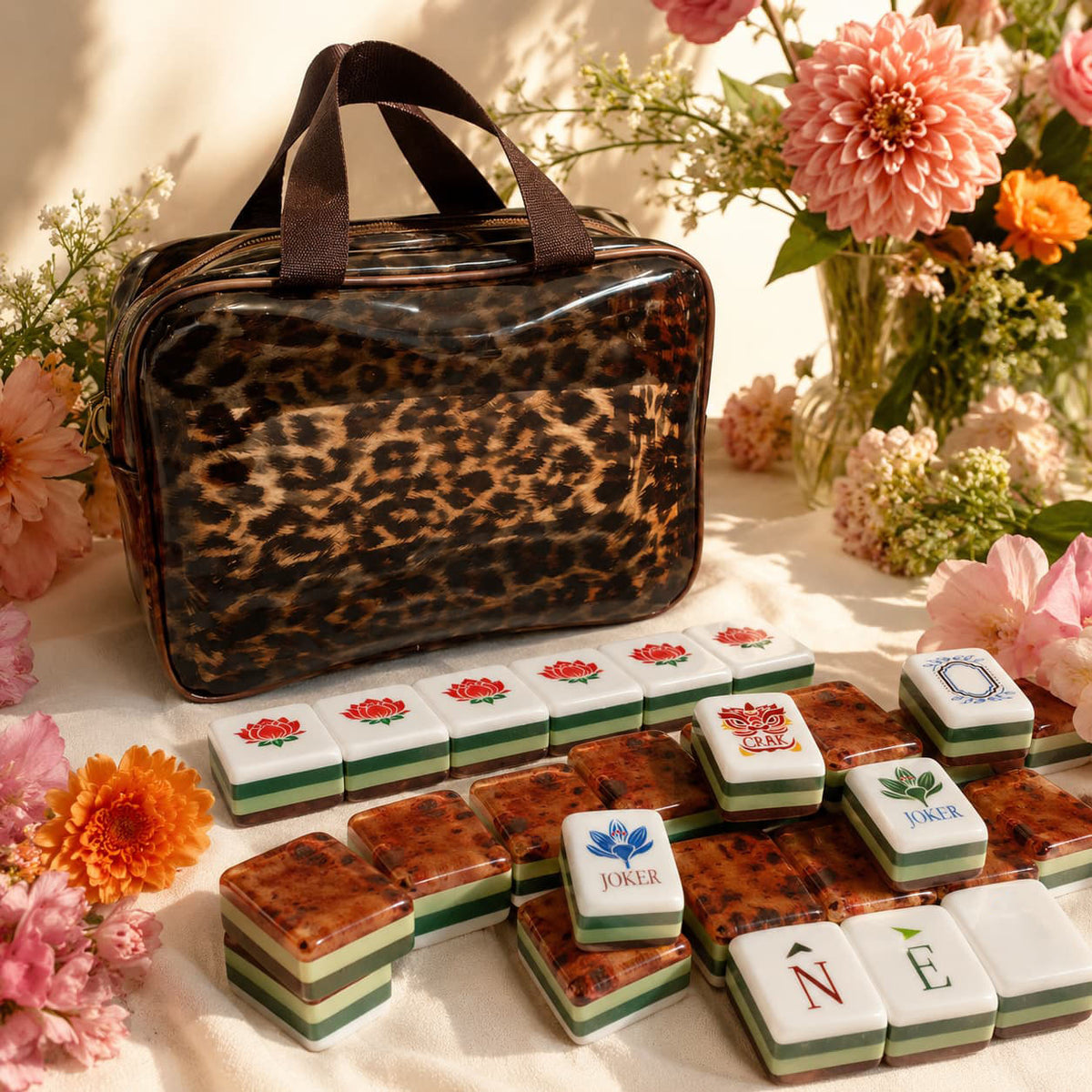 Decorative Mahjong Set, American, White Leopard Pattern Acrylic Tile Game, Birthday and Christmas Gift for Women, Girls Game