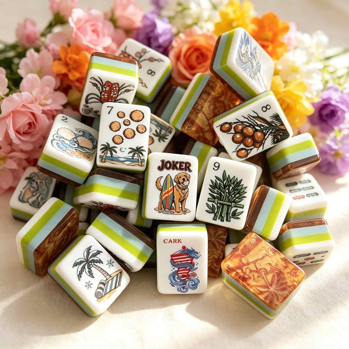 American Mahjong Set,Decorative Beach Theme,Tropical Beach Mahjong Tiles in Acrylic and Resin Tortoiseshell print,Gift for Mahjong Lover,160