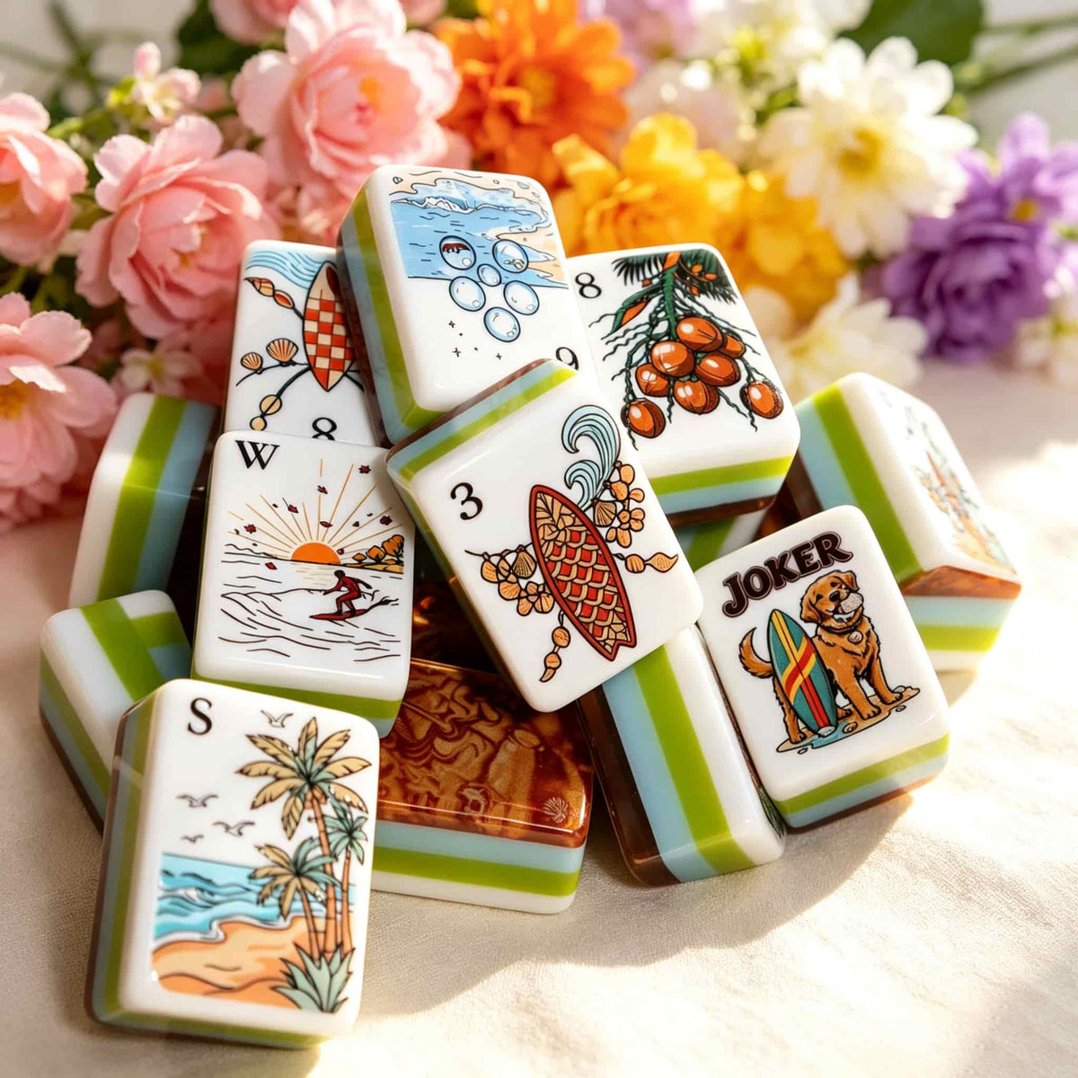 American Mahjong Set,Decorative Beach Theme,Tropical Beach Mahjong Tiles in Acrylic and Resin Tortoiseshell print,Gift for Mahjong Lover,160