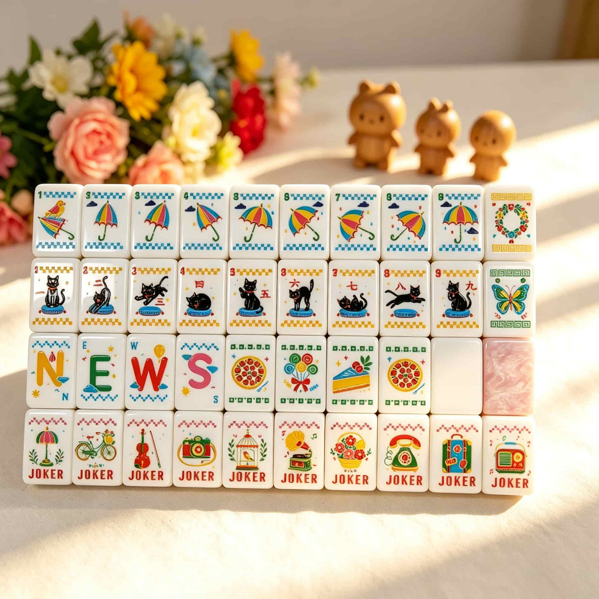 Mahjong Set, Pink Cat Illustration Tile Set for Game Night, Mahjong Gift for Women, Birthday and Christmas, Hanukkah Mahjong Gift