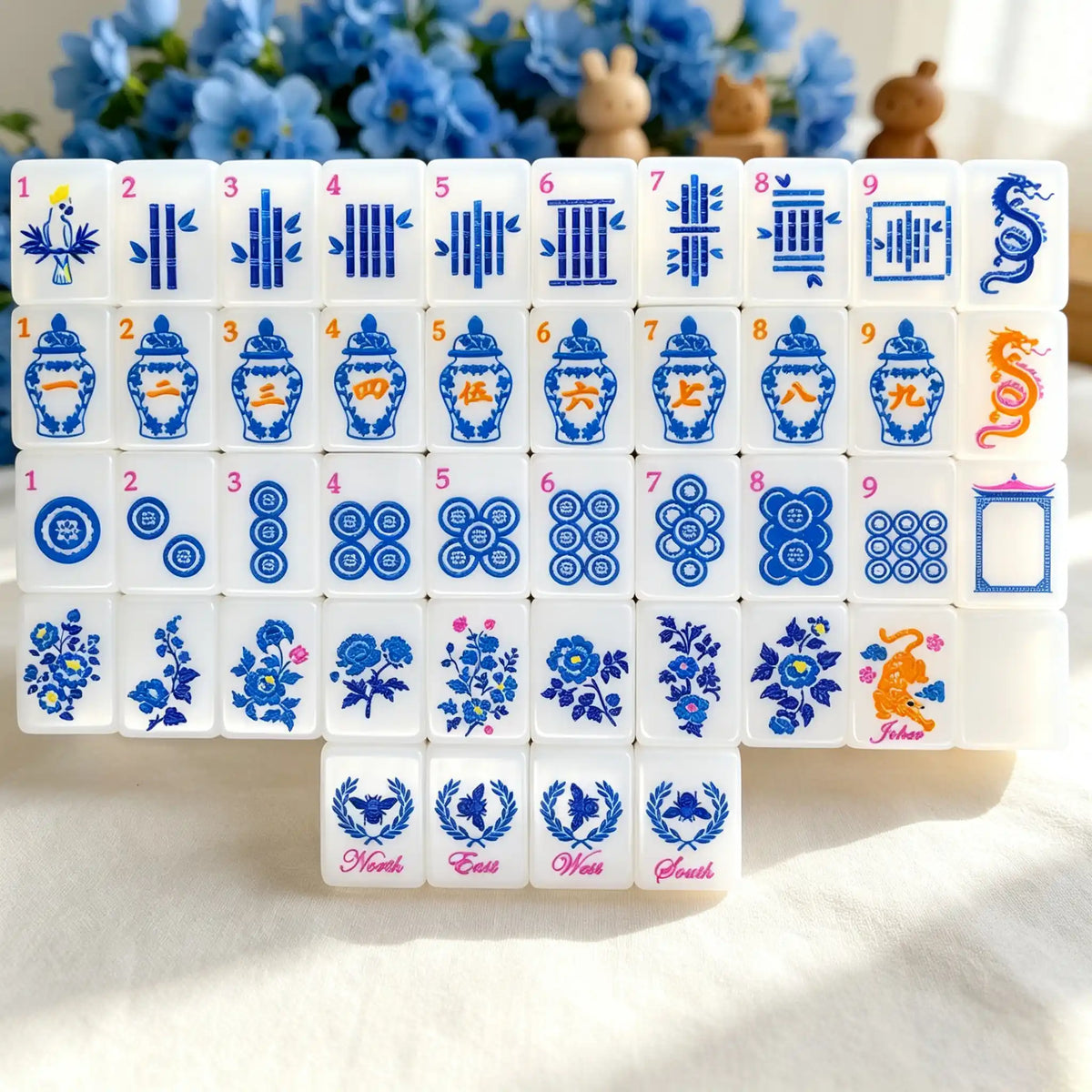 Mini American Mahjong Set, White and Blue Acrylic Mahjong Tiles for Home Game Night, Birthday and Christmas Gift