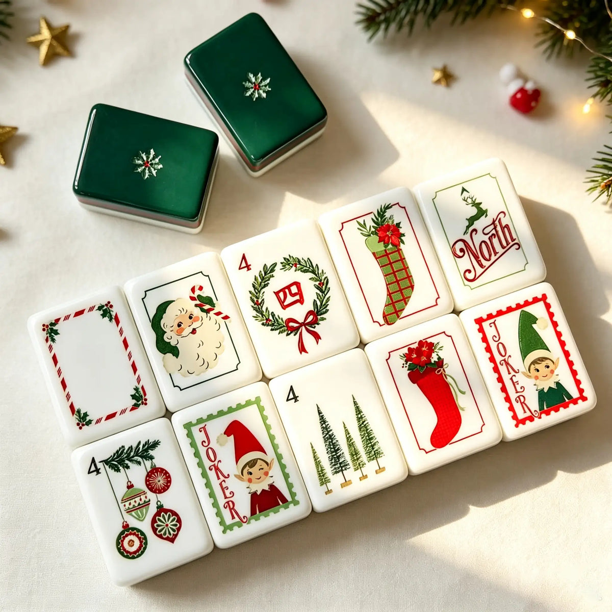 Mahjong Set, 4-Layer Hand-Painted Acrylic American Mahjong Tiles, White Christmas Design, Birthday Gift for Mom, Mahjong Gift For Wife