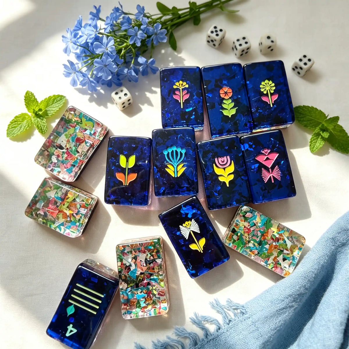 Mahjong Set, Travel & Standard Size, Artistic Blue Confetti Mahjong Tile Set for Home Game Night, Travel Game, Birthday or Christmas Gift