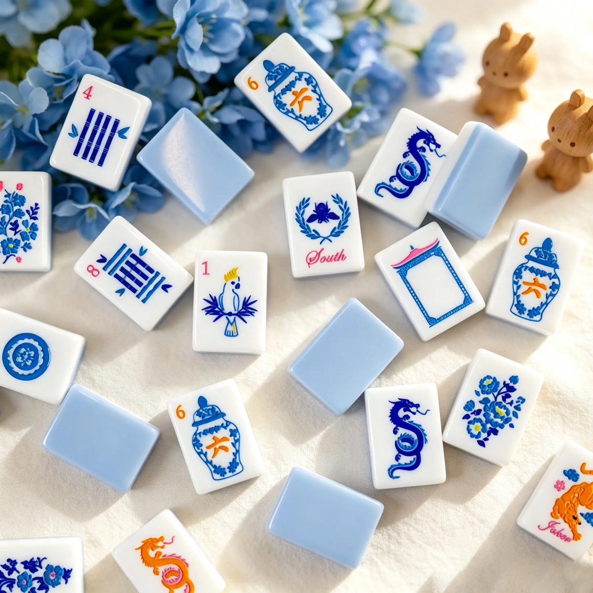 Mini American Mahjong Set, White and Blue Acrylic Mahjong Tiles for Home Game Night, Birthday and Christmas Gift