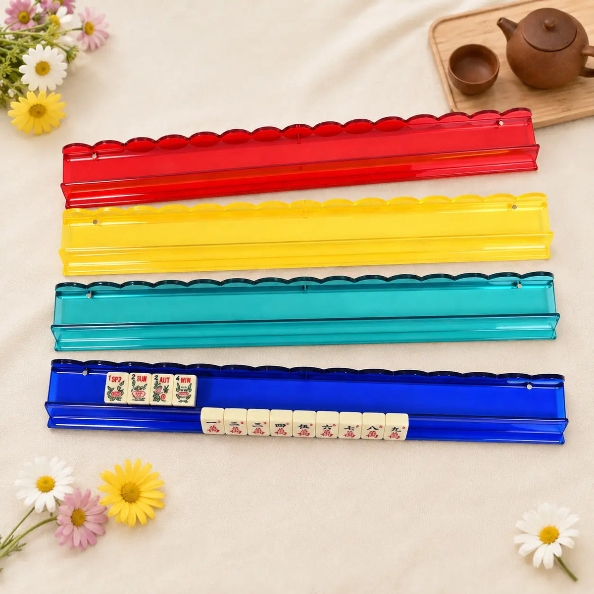 Magnetic Mahjong Rack Set With, Mahjong Rack Set with Magnetic Pusher, Clear Acrylic Wave-Edge Tile Holder for Home Mahjong