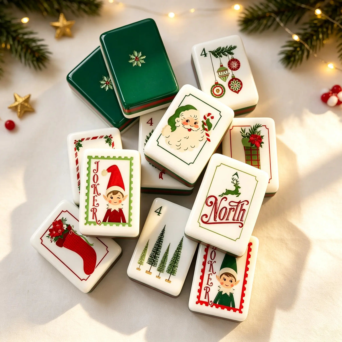 Mahjong Set, 4-Layer Hand-Painted Acrylic American Mahjong Tiles, White Christmas Design, Birthday Gift for Mom, Mahjong Gift For Wife
