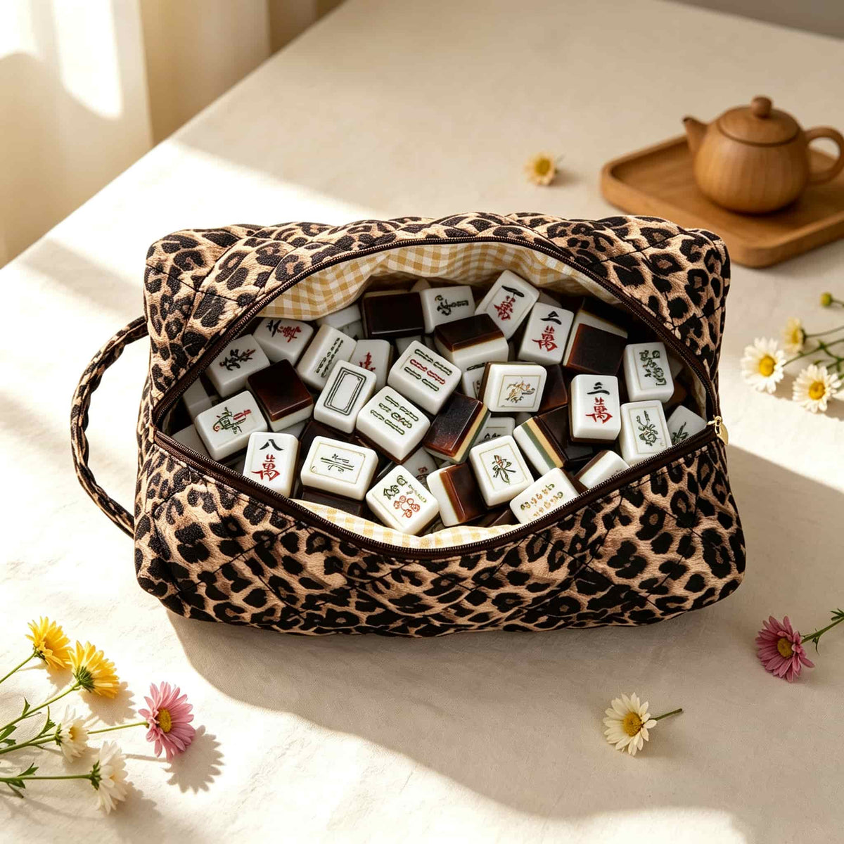 Mahjong Bag, Mahjong Tile Bag, Quilted Brown Leopard Print Fabric Storage Pouch for Game Night, Birthday or Christmas Gift
