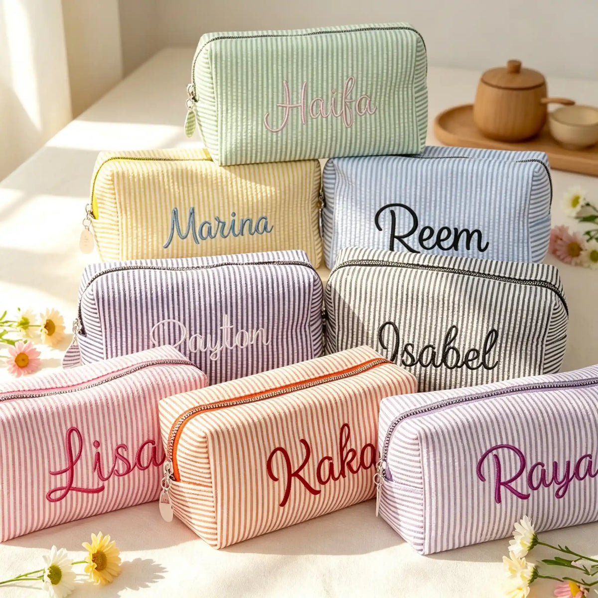 Mahjong Bag, Embroidered Light Green Striped Fabric Tile Pouch for Travel and Game Night, Birthday or Christmas Gift for Mahjong Player