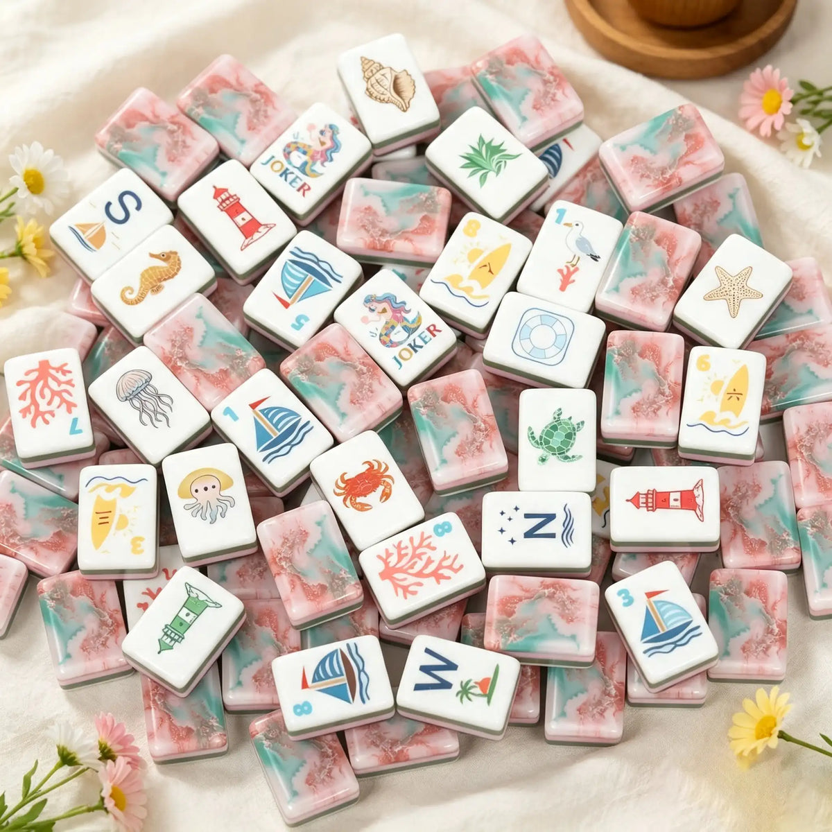Mahjong Set, Acrylic Mahjong Tiles, Coastal American, Pink for Home Game Night, Birthday and Christmas Gift for Mom, Mahjong Gift For Wife