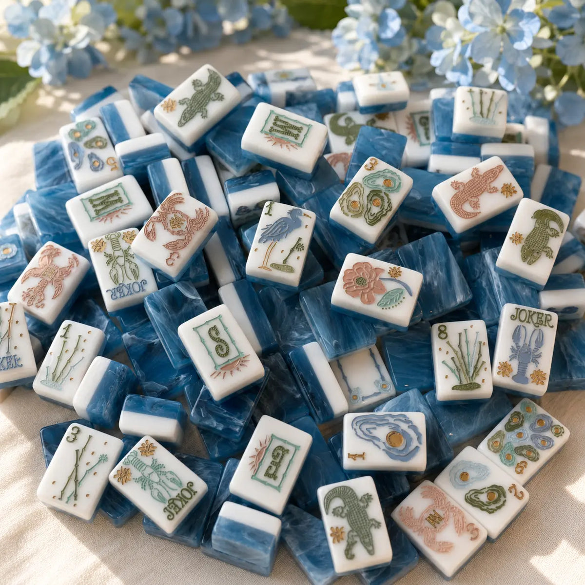 American Mahjong Set, American, Blue and White Acrylic Mahjong Tiles, Marine Theme for Home Game Night, Birthday or Christmas