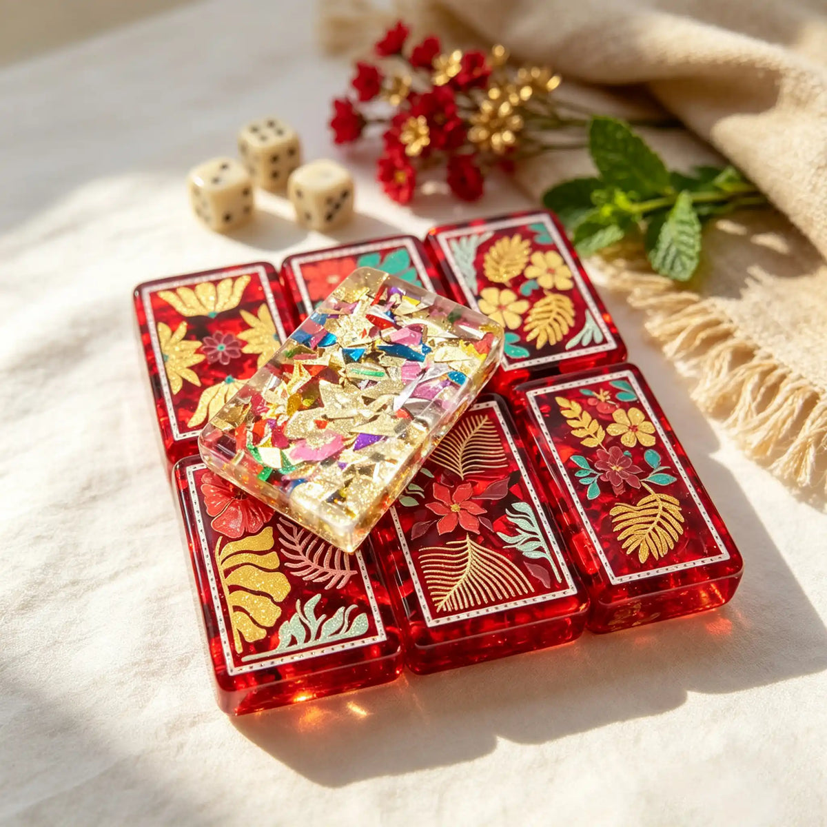 Travel Mahjong Set, Colorful Red-Framed Plastic American Mahjong Tiles for Family Game Night, Birthday or Christmas Gift for