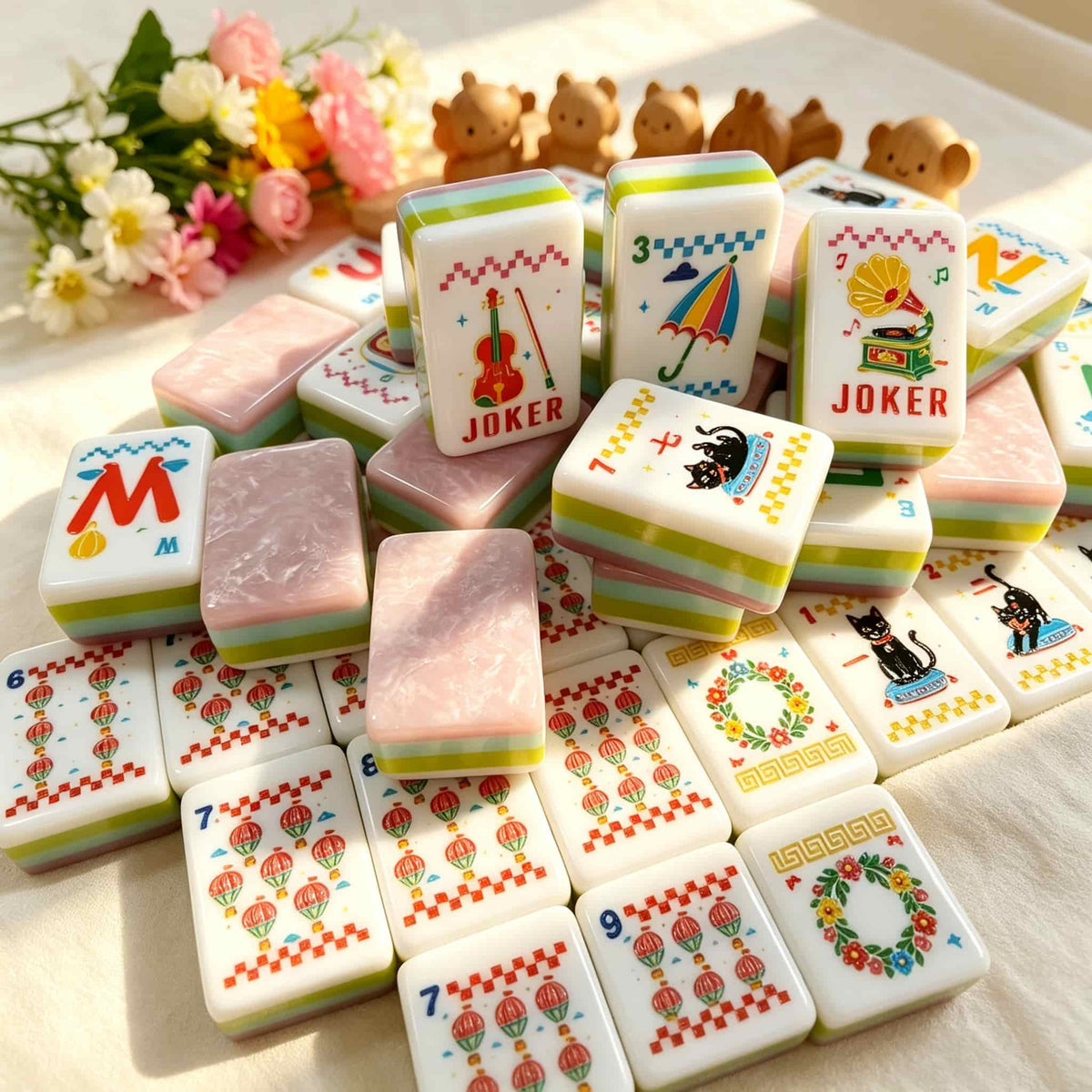 Mahjong Set, Pink Cat Illustration Tile Set for Game Night, Mahjong Gift for Women, Birthday and Christmas, Hanukkah Mahjong Gift