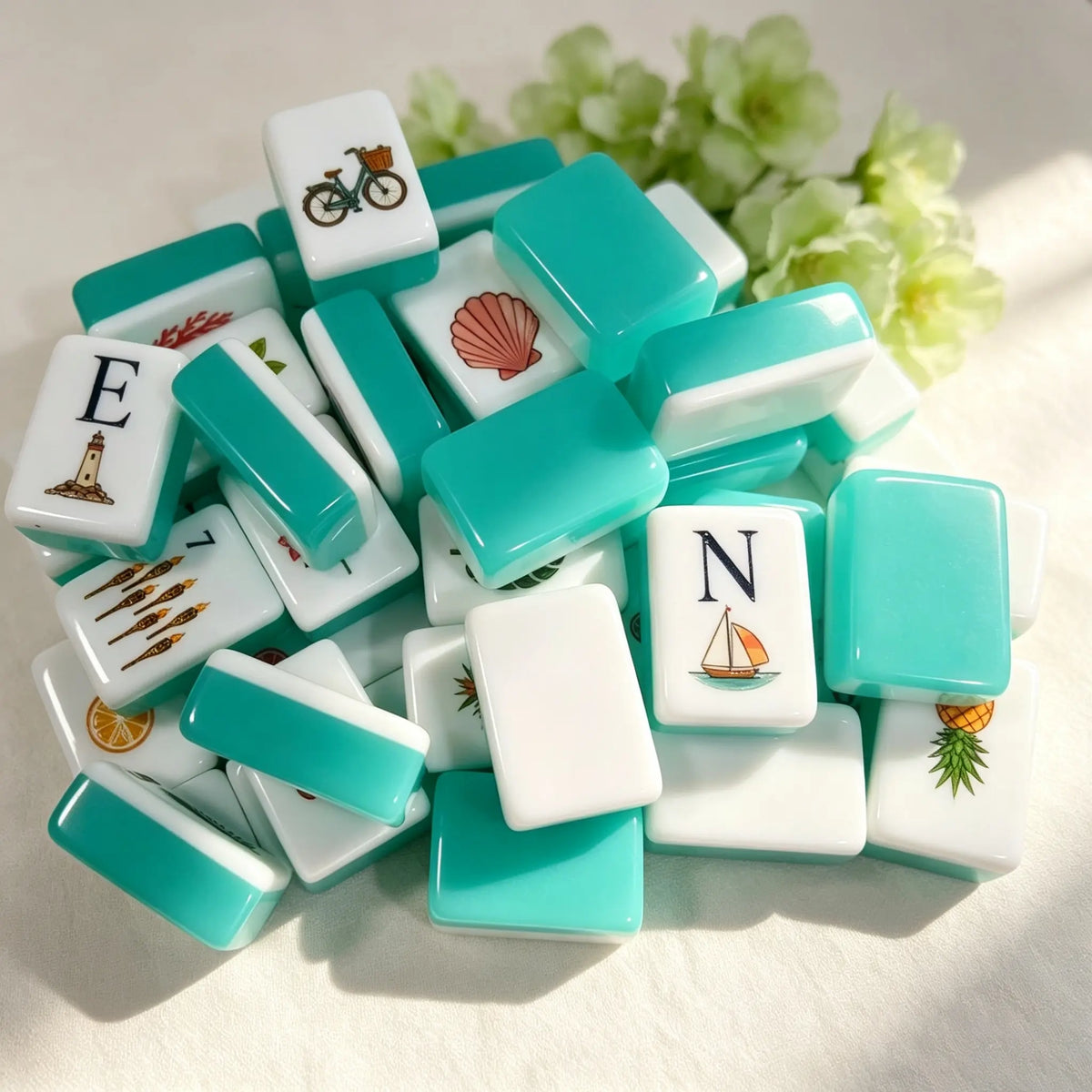 Mahjong Set, 4-Layer Turquoise Blue Acrylic American Mahjong Tiles, Beginner Home Game and Christmas Gift for Mom, Marine Themed Mahjong