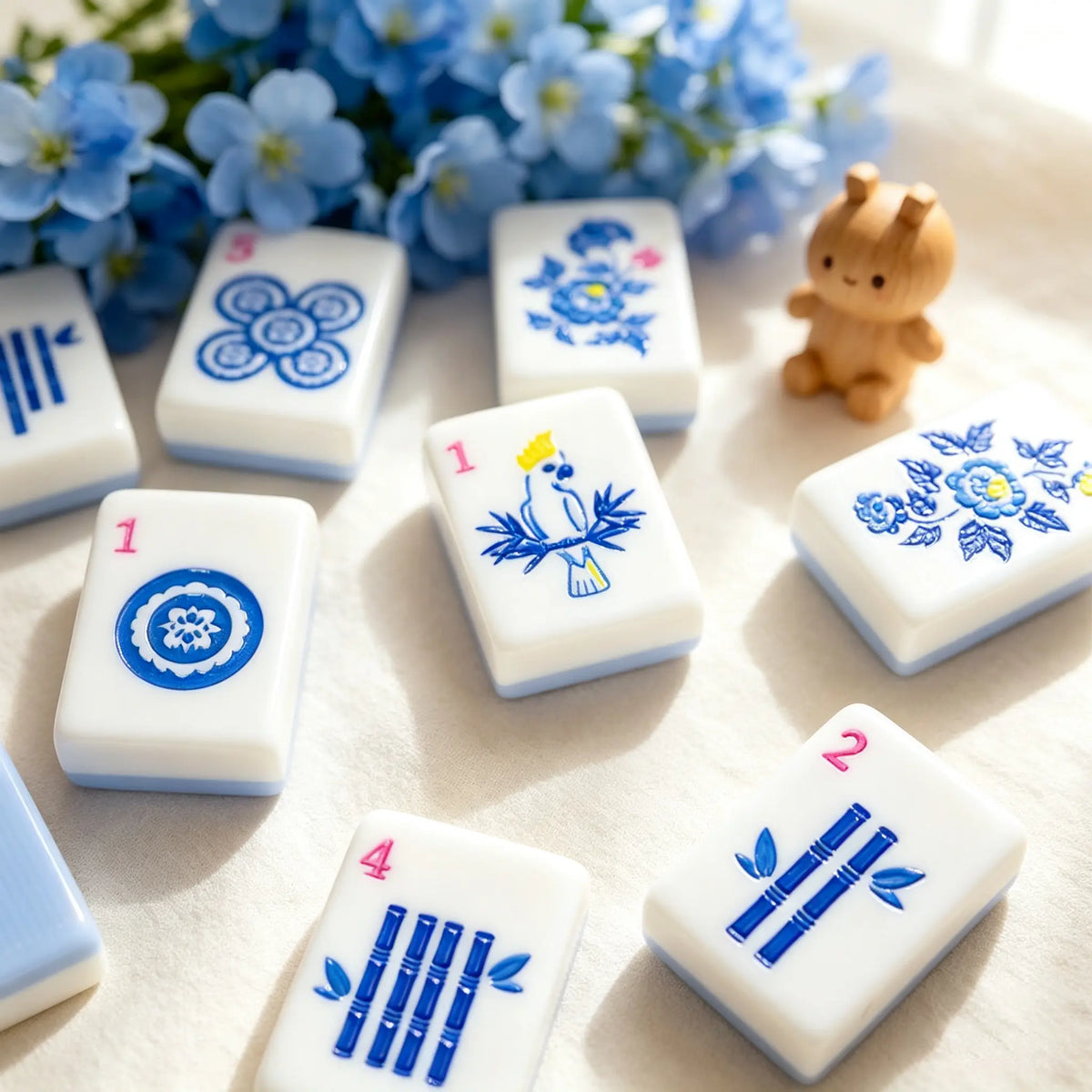 Mini American Mahjong Set, White and Blue Acrylic Mahjong Tiles for Home Game Night, Birthday and Christmas Gift